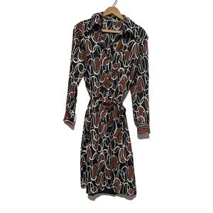 Vintage 70s Op-art Geo Print Shirt Dress Wing Collar Fabric Belt M/L Brown